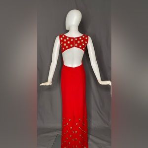 Red microsuede column dress with grommet detail